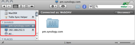 Bạn có thể tìm thấy NAS Synology và các thư mục chia sẻ dưới mục Shared trên thanh bên Finder