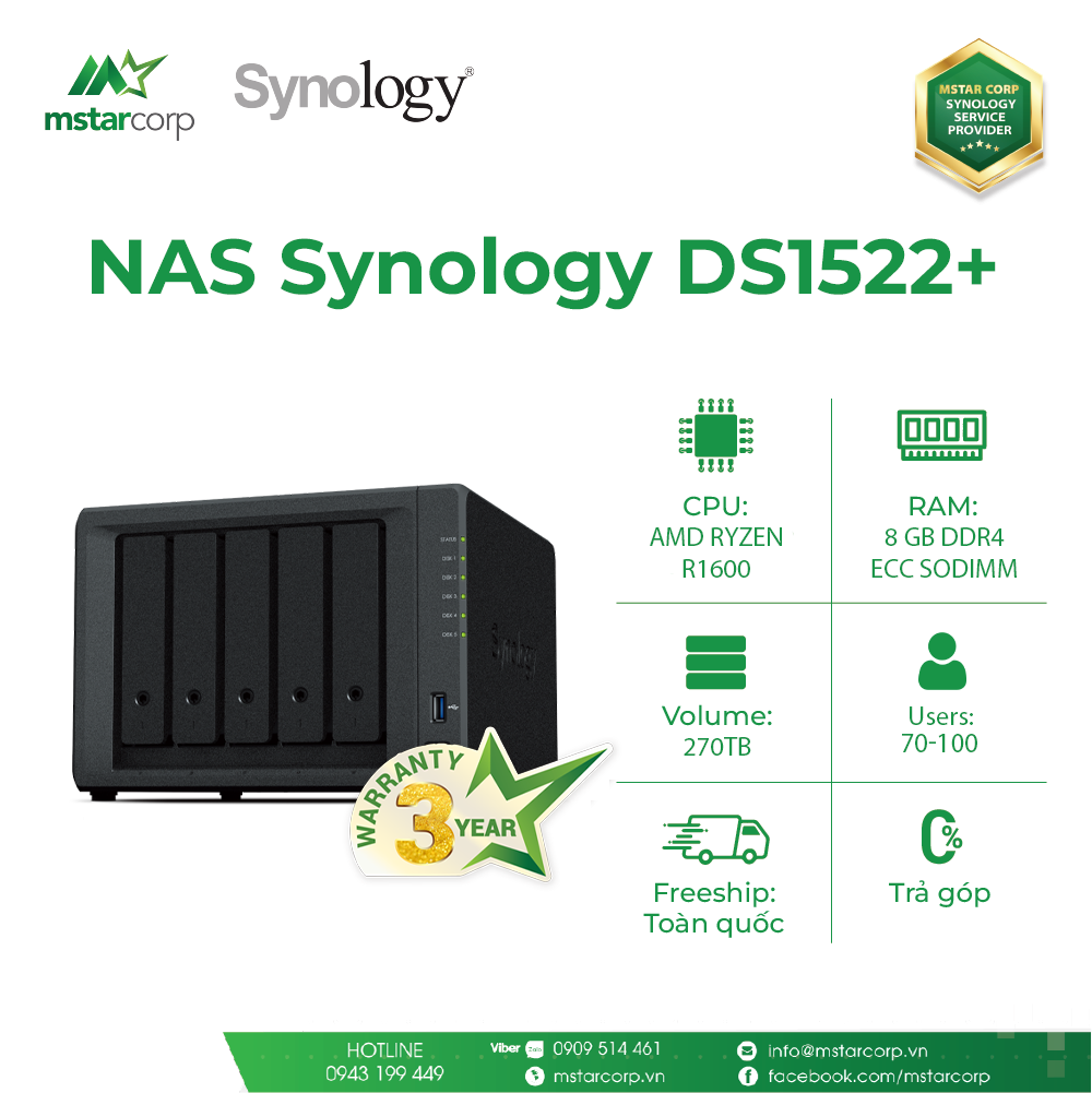 DS1522+ là một NAS 5 bay dễ dàng mở rộng quy mô và mở rộng khi nhu cầu của người dùng thay đổi, với sự hỗ trợ tùy chọn cho tối đa 15 ổ đĩa, kết nối mạng 10GbE và bộ nhớ đệm SSD NVMe.