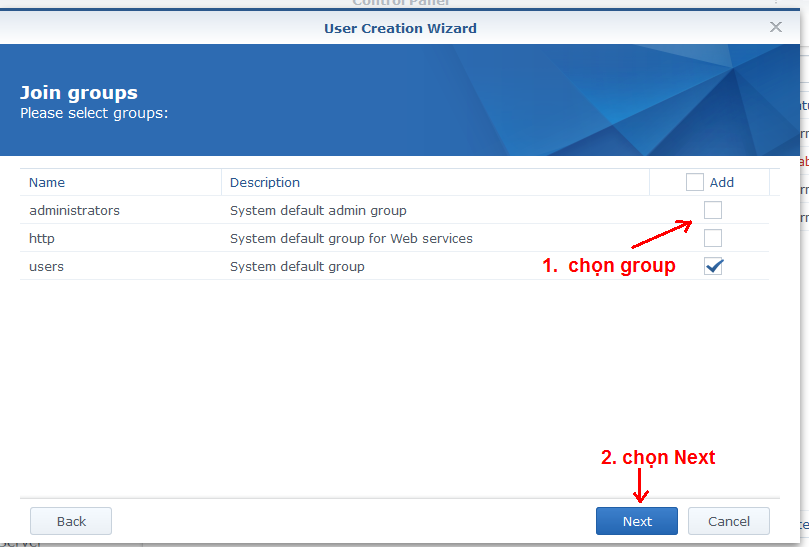Bước 4: Chọn nhóm (group) cho người dùng nếu cần