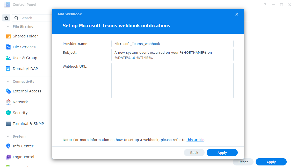 Cách cấu hình webhook Microsoft Teams để nhận thông báo từ DSM