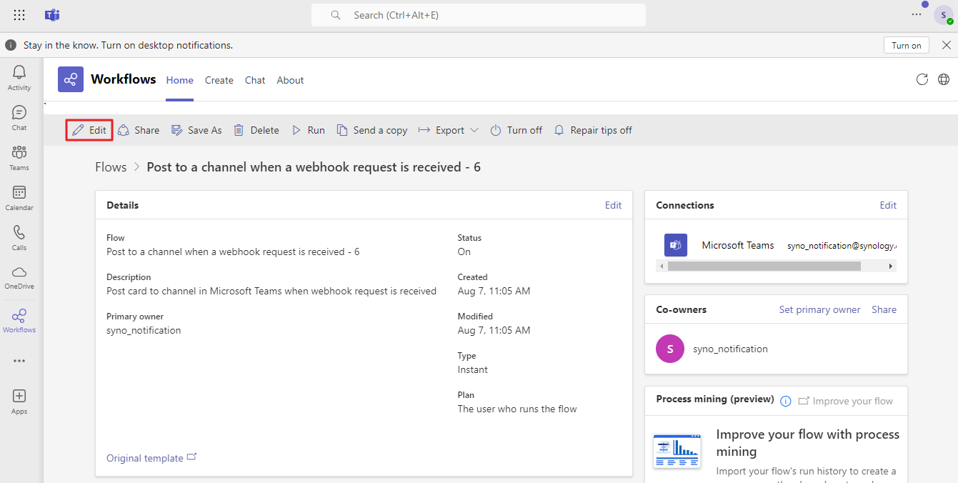 Cách cấu hình webhook Microsoft Teams để nhận thông báo từ DSM